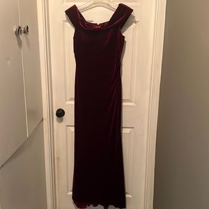 Burgundy velvet off the shoulder Eliza J dress